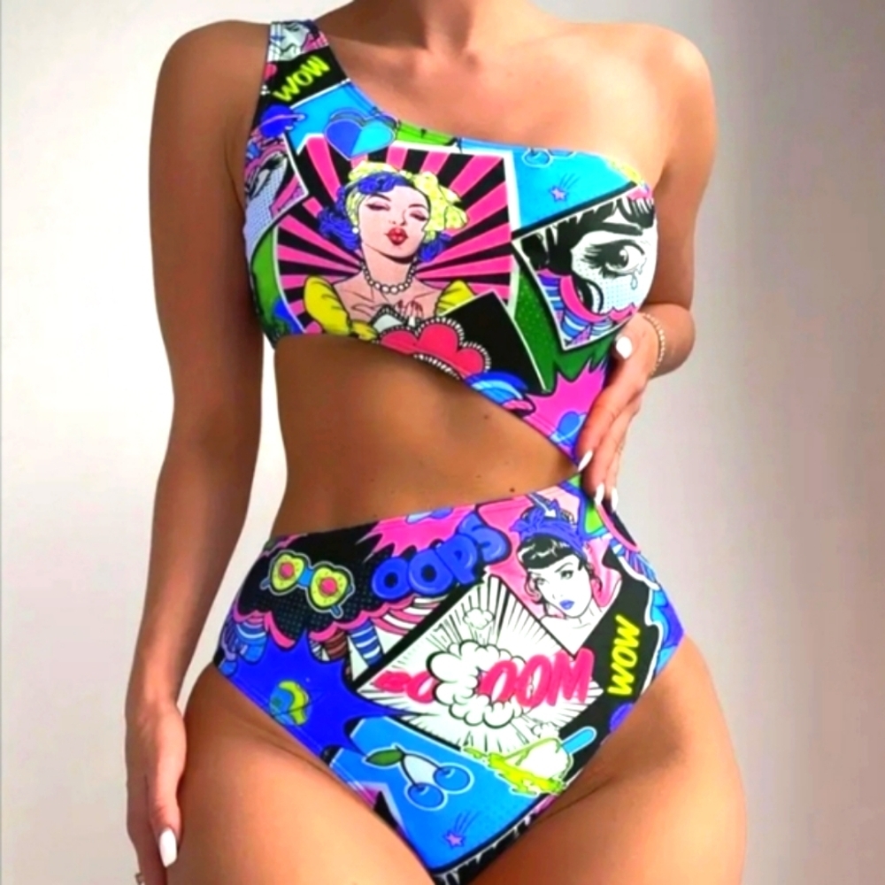 Pop Art One-Shoulder Swimsuit Sz Medium